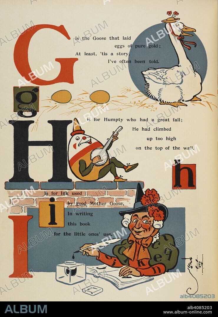 PERCY ALEXANDER LEASON. Alphabet page : G, H and I. The goose that laid golden eggs; Humpty Dumpty; and Ink used by Mother Goose. Denslow's Scarecrow and the Tin-Man, and other stories. [With illustrations by the author.]. T. Fisher Unwin: London; New York [printed], [1904.]. Source: 12812.d.19.