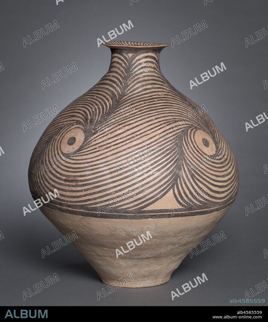 Jar with Spiral Designs, 3300-2650 BC. This jar is a spectacular example of painted pottery from the Majiayao culture, one of the regional cultures of prehistoric China. Its geometric patterns are probably abstract symbols transformed from a bird image, which may suggest a clan totem or nature spirits. Archaeological work confirms the coexistence of different regional cultures in ancient China, contesting the old belief that the Chinese civilization originated solely along the Yellow River. The artifacts of these cultures manifest distinctive characteristics; each one played a role in the formation of the greater Chinese civilization.