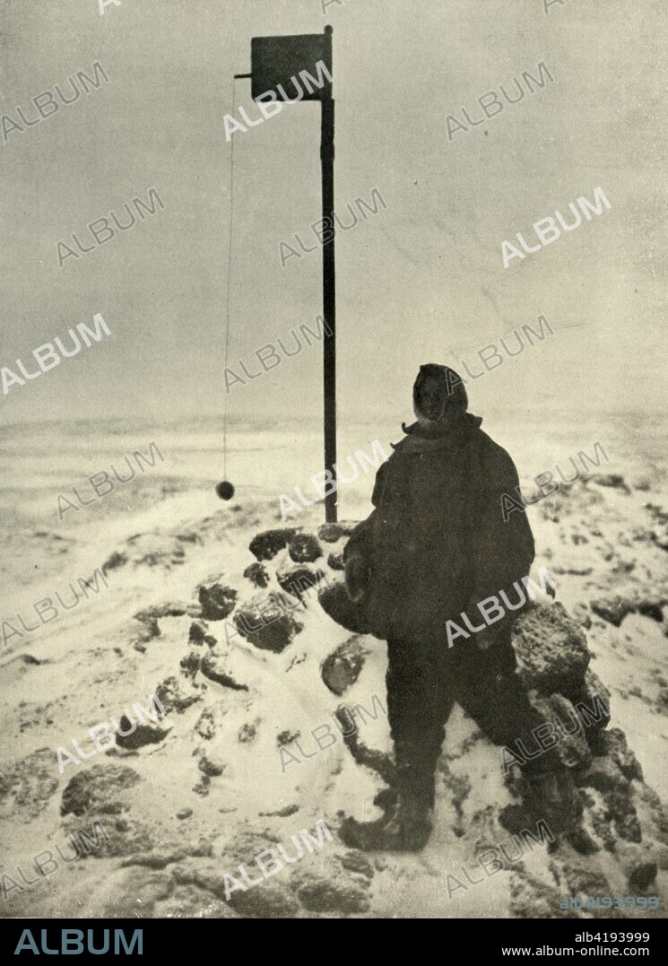 'Professor David Standing By Mawson's Anemometer', c1908, (1909). Professor Tannatt William Edgeworth David (1858-1934), was Director of Scientific Staff on the Nimrod expedition. Anglo-Irish explorer Ernest Shackleton (1874-1922) made three expeditions to the Antarctic. During the second expedition, 1907-1909, he and three companions established a new record, Farthest South latitude at 88°S, only 97 geographical miles (112 statute miles, or 180 km) from the South Pole, the largest advance to the pole in exploration history. Members of his team also climbed Mount Erebus, the most active volcano in the Antarctic. Shackleton was knighted by King Edward VII for these achievements. He died during his third and last 'oceanographic and sub-antarctic' expedition, aged 47. Illustration from The Heart of the Antarctic, Vol. I, by E. H. Shackleton, C.V.O. [William Heinemann, London, 1909].