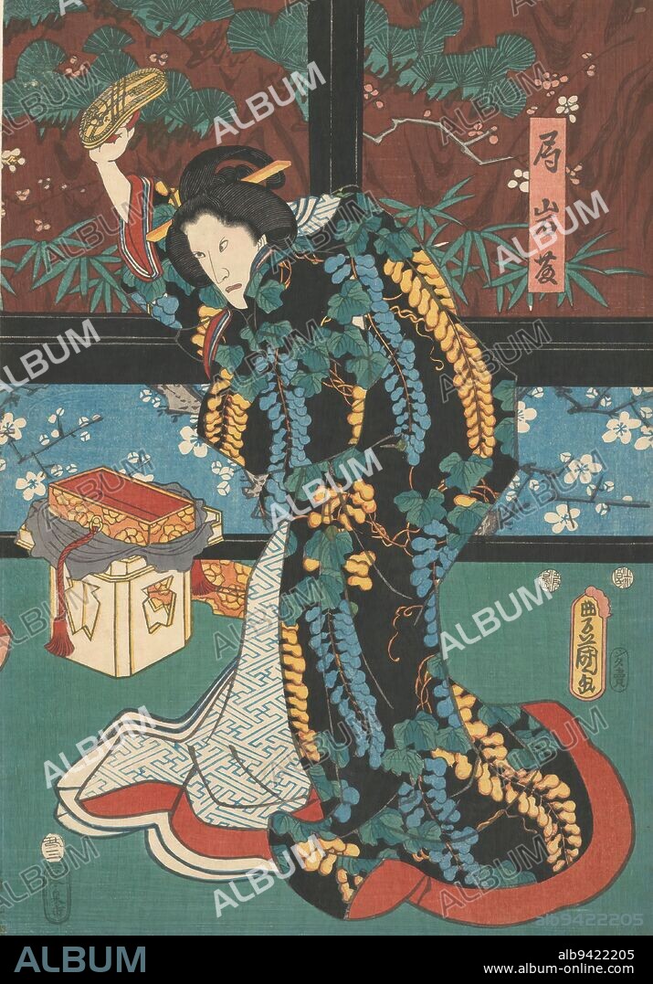 Scene from the Play The Mirror Mountain, Court lady Iwafuji with sandal in her hand, Right leaf of a triptych showing court lady Iwafuji about to strike court lady Onoe with a sandal. Onoe's maid looks on from behind a folding screen. Iwafuji is played by kabuki actor Ichikawa Danjurô VIII., print maker: Kunisada (I) , Utagawa, (mentioned on object), publisher: Izumiya Ichibei (Kansendo), (mentioned on object), Japan, Mar-1853, paper, colour woodcut, height 358 mm × width 252 mm.