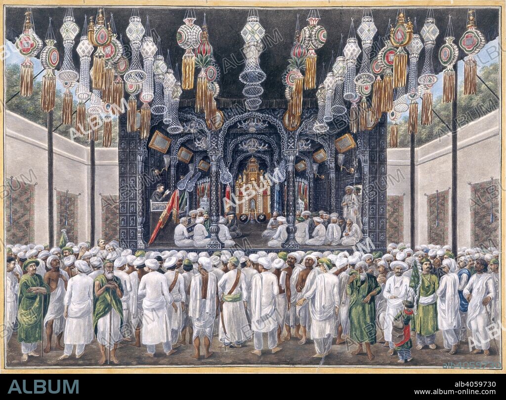SEVAK RAM. The Muharram festival. 1807-1809. The Muharram festival; prayers being held in the imambara. Inscribed on back; 'Mohurrum is a mournful ceremony held by the Mussulmans in commemoration of the death of Hassan and Hossein, the Grandsons of Mohammed. The drawing represents them at prayers'. Watercolour.  Originally published/produced in 1807-1809. . Source: Add.Or.18,.