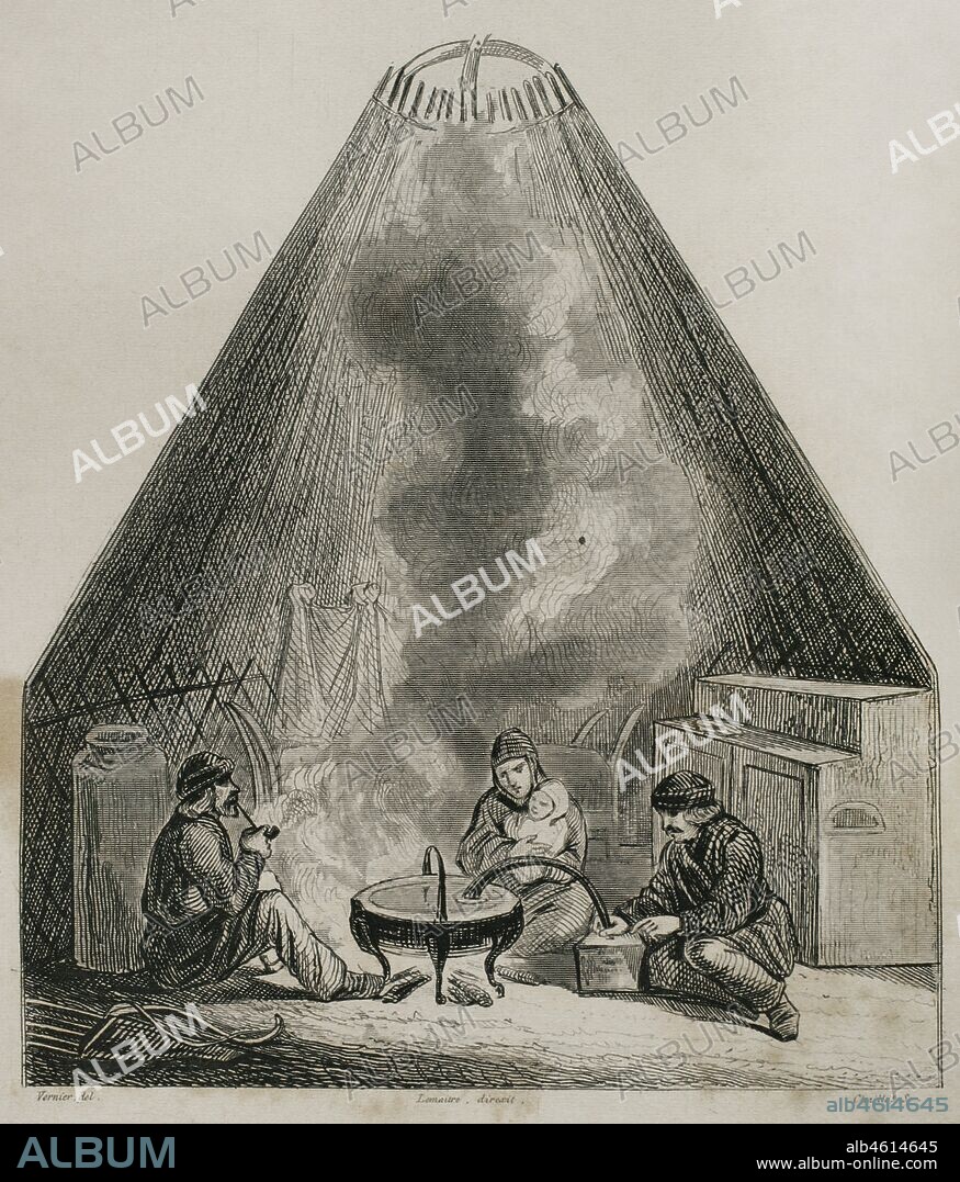 Asia Central. Pueblo Calmuco. Interior de una yurta, vivienda utilizada por los nómadas calmucos. Posee un anillo (agujero) en la zona superior de la tienda de campaña que posibilta la salida del humo y permitir la entrada de luz. Grabado por Lemaitre, Vernier y Chaillot. Historia de Rusia por Chopin. Panorama Universal, edición española de 1839.