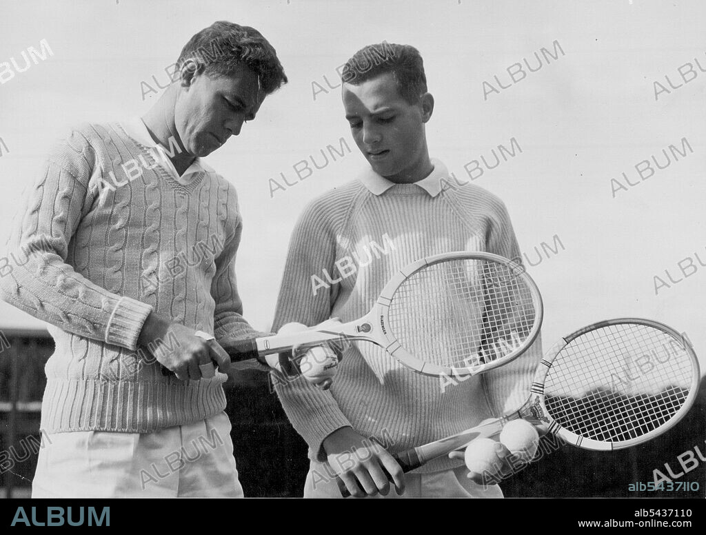 New Australian Coach For All-England Tennis Club : 27-years-old Australian George Worthington (left) the new coach to the All - England Lawn Tennis Club, Wimbledon, seen giving useful advice to one of his pupils 17-years-old R.W. Dixon of Solihull (Warwicks.), who was a finalist in the Junior Wimbledon Championships this year and was Warwick County Junior Champion in 1954. 27-year-old Australian George Worthington has just been appointed as Coach to the All England Lawn Tennis Club at Wimbledon.