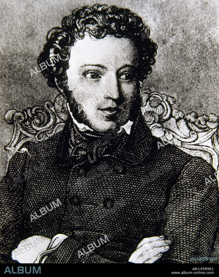 PUSHKIN, Aleksandr Sergeevic (Moscú,1799-San Petersburgo,1837). Poeta ruso, creador de la lengua literaria rusa contemporánea y de la primera novela realista rusa "Evgenij Onegin" (1823-31), su obra cumbre. Autor también de la primera tragedia auténticamente rusa: "Boris Godunov" (1825). Grabado.