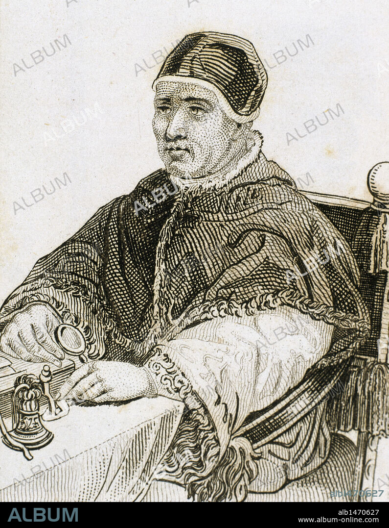 LEON X (1475-1521). Papa italiano (1513-1521), hijo de Lorenzo el Magnífico (Lorenzo de' Medici). Prosiguió las tareas del V Concilio de Letrán. En el año 1520 excomulgó a Lutero. S. XVI. Grabado del S. XIX.