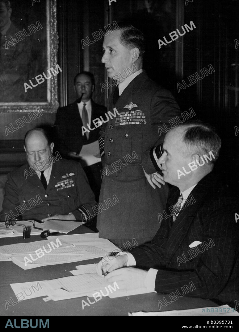 R.A.F. Call For 1,000 a Week -- Marshal of the Royal Air Force, Lord Tedder, speaking at to-day's conference at the Air Ministry. On his right is the Secretary of State for Air, R. Hon. Arthur Henderson. Opening a new recruiting campaign in London, to-day (Sat), the air Minister, Mr. Arthur Henderson, said recruits for the Regular Air Force at the rate of 1,000 a week were required. October 2, 1948. (Photo by Reuterphoto).