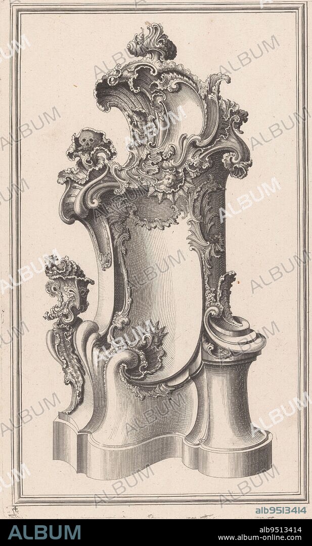 Design with skull and animals, Balthasar Sigmund Setletzky, after Christian Friedrich Rudolph, 1724 - 1754, Design for an altar or epitaph with rocaille ornaments and on the left a rocaille vase with animal head. At the top a skull, a putto head and an animal., print maker: Balthasar Sigmund Setletzky, Christian Friedrich Rudolph, erven Jeremias Wolf, Augsburg, 1724 - 1754, paper, etching, engraving, h 335 mm × w 205 mm.