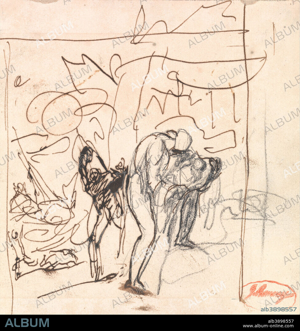 GEORGE ROMNEY. Exit Pursued by a Bear, or "The Abandonment of Perdita" from "The Winter's Tale". Drawing. Brown ink and graphite on medium slightly textured beige wove paper. Height: 143 mm (5.62 in); Width: 137 mm (5.39 in).