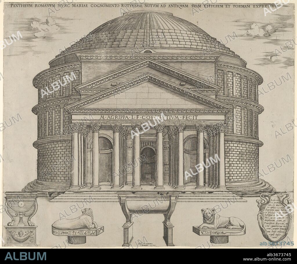 Elevation of the Pantheon in Rome, reconstructed to its original form. Artist: Anonymous. Dimensions: sheet: 15 9/16 x 18 9/16 in. (39.5 x 47.1 cm). Publisher: Antonio Lafreri (French, Orgelet, Franche-Comte ca. 1512-1577 Rome). Date: 1549.
Huelsen states that this is a reduced version of an earlier plate by Beatrizet (Bartsch XV.269.100) published by Antonio Salamanca.