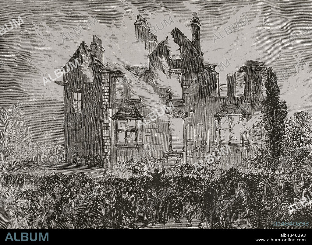 History of England. 19th century. Workers' movement. Workers' strikes in the district of Lancashire. The high cost of basic necessities, the lack of work, business problems and some laws that affected the poorest classes, were the causes that provoked strikes of miners and workers during the month of May 1878. Attack and burning of the residence of Colonel Rayusford Jackson, in Wilpshire. The fire was caused by cotton workers during the cotton riots. Engraving. La Ilustración Española y Americana, 1878.