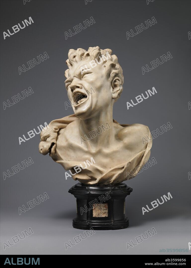 Marsyas. Artist: Balthasar Permoser (German, Kammer, near Otting, Chiemgau, Bavaria 1651-1732 Dresden). Culture: German, executed Rome or Florence. Dimensions: Overall with socle (confirmed): H. 27 x W. 17 3/8 x D. 11 1/8 in. (68.6 x 44.1 x 28.3 cm);
Height of socle (confirmed): H. 6 1/4 in. (15.9 cm). Date: ca. 1680-85.
Flayed alive after losing a musical contest to the god Apollo, the satyr Marsyas screams in the midst of his torture. Every aspect of the figure, from squinting eyes to torn tongue and flamelike hair, contributes to this image of torment. Early in his career, the sculptor Permoser worked in Florence, where this bust likely was carved. It is his personal response to Gianlorenzo Bernini's dramatic style, especially the Damned Soul of about 1619 (Palazzo di Spagna, Rome). While important sculptures by Pietro and Gianlorenzo Bernini are represented in the Museum's collection, Marsyas is our first work by Permoser, who helped to transmit the Italian Baroque style to Germany when he returned to his native Dresden.