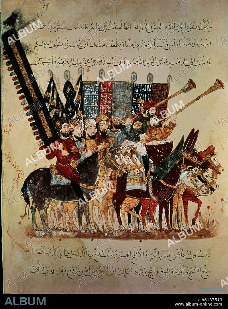 YAHYA IBN MAHMUD AL WASITI (SIGLO XIII) PINTOR. ARAB.5847-F94V- GUERREROS ARABES A CONQUISTA DE ESPAÑA -MANUSCRITO MAQAMAT AL-HARIRI- 1237 - ESCUELA DE BAGDAD.