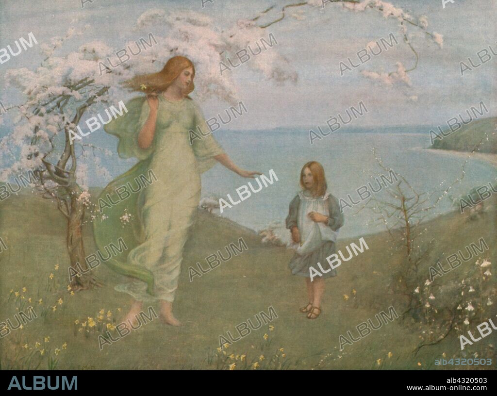 THOMAS MILLIE DOW. 'A Vision of Spring', 1901, (c1930). Personification of Spring: a young woman, dressed in flowing robes, stands beneath a tree covered in white blossom and gestures to a small girl in a pinafore. Painting in the Manchester Art Gallery, Manchester. From "Modern Masterpieces of British Art". [The Amalgamated Press Ltd., London, c1930].