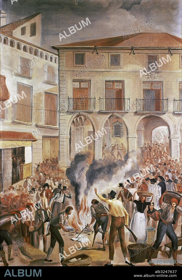 GUERRA DE LA INDEPENDENCIA ESPAÑOLA (1808-1814). CAMPAÑAS DEL VERANO DE 1808 EN CATALUÑA. COMBATES DEL BRUCH. Acciones victoriosas sobre las tropas francesas (6 y 14 de junio de 1808), obtenidas por los patriotas catalanes. Pinturas murales del Mas de les Ferreres (Rellinars) de 1811. Copia de F. Cuixar. "MANRESA. QUEMA DE PAPEL SELLADO FRANCES EN LA PLAZA MAYOR DE LA CIUDAD, EL 2 DE JUNIO DE 1808". Archivo Histórico de la Ciudad. Manresa. Provincia de Barcelona. Cataluña.