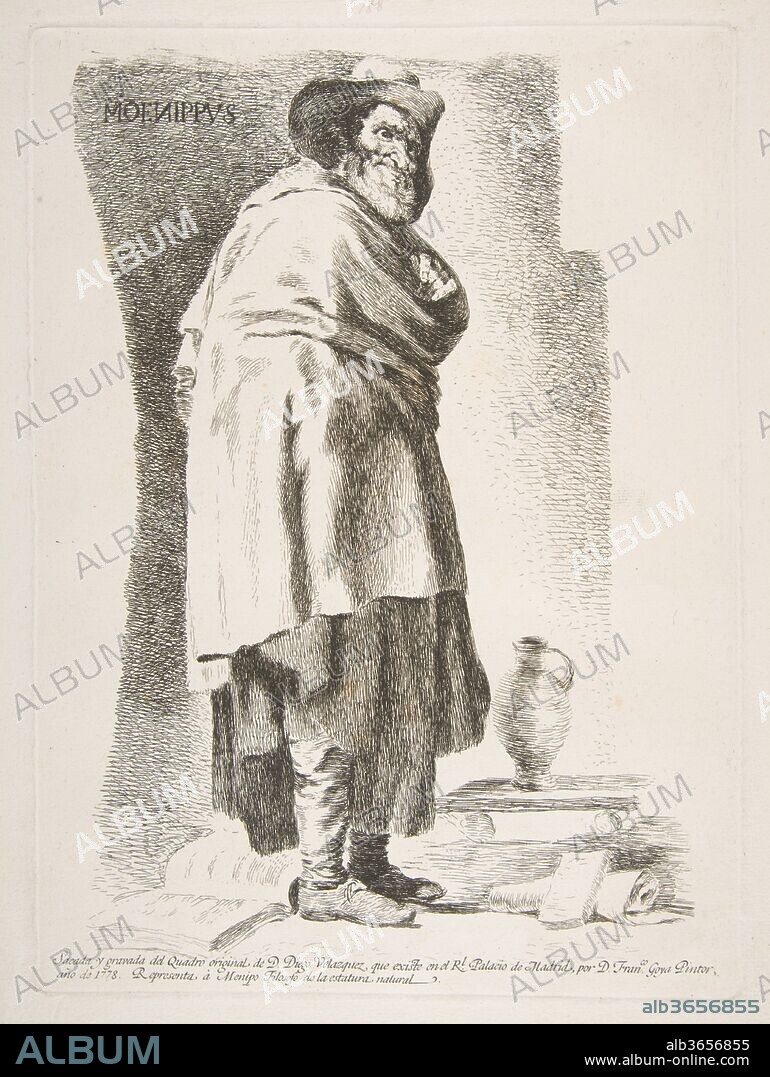 Moenippus  (Menipo Filosofo). Artist: Goya (Francisco de Goya y Lucientes) (Spanish, Fuendetodos 1746-1828 Bordeaux); After Velázquez (Diego Rodríguez de Silva y Velázquez) (Spanish, Seville 1599-1660 Madrid). Dimensions: Plate: 12 1/16 × 8 11/16 in. (30.6 × 22 cm)
Sheet: 16 in. × 11 3/8 in. (40.7 × 28.9 cm). Series/Portfolio: Etchings after Velazquez. Date: 1778.