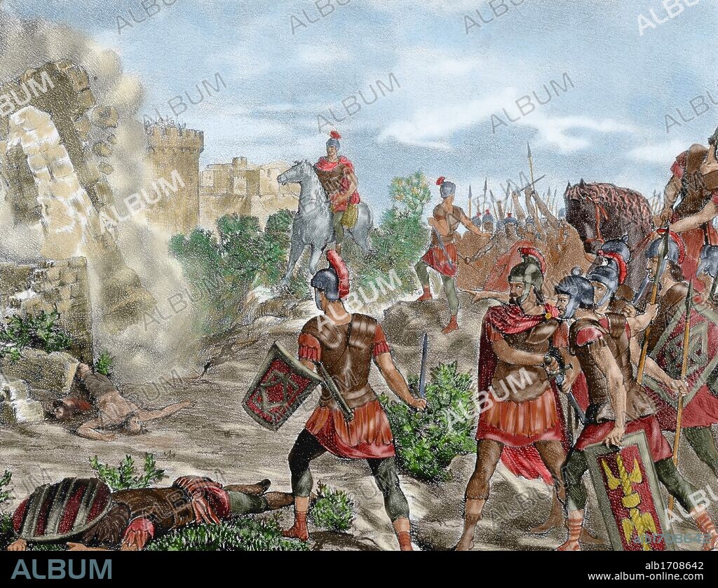 QUINTO SERTORIO (122 a. C-72 a. C). Político y militar romano del final de la República Romana. Quinto Sertorio asedia a los Lusones en Contrebia Belaisca. Grabado coloreado.