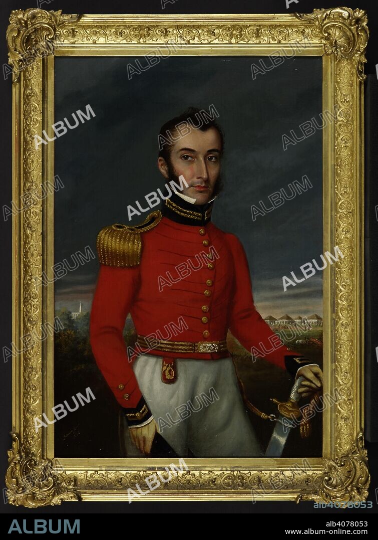 RAJA JIVAN RAM. Captain Robert McMullin (1786-1865) . Small three-quarter length portrait. Standing against the church and cantonments at Meerut. He is wearing a very good example of a captain's uniform of the B.N.I.; his left hand rests on his sword hilt, and he holds his hat in his right. 1827. Oil painting. 62 by 41.5 cms. Source: Foster 863.