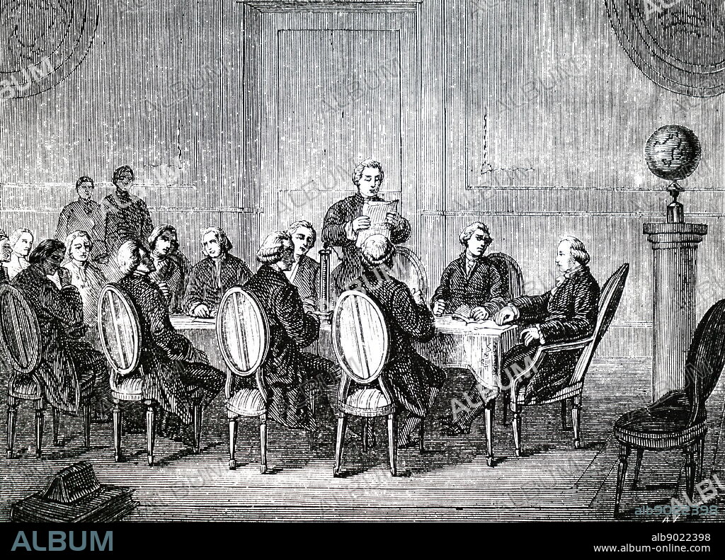 An engraving depicting an artist's reconstruction of the meeting of the Royal Society in April 1800, when Joseph Banks read to the Society Volta's letter about his electric pile (batter). Dated 19th century.