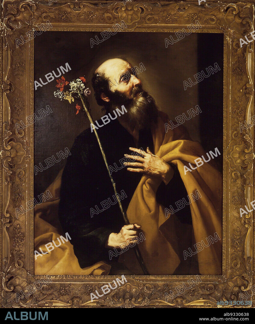 Saint Joseph with the Flowering Rod, Jusepe de Ribera, Spanish, 1591-1652, Oil on panel, Europe, early 1630s, 46 x 35 3/4 in., 116.8 x 90.8 cm, apocrypha, balding, beard, cloth, drapery, early 1630s, European, flower, forehead wrinkle, gesture, hands, holy, joseph, man, Mannerism, oil on panel, rod, saint, Spanish Painting, veins, wonder, Bronze, Earrings, Etruscan, Hoops, Jennie Brownscombe, Knobs, Pair.