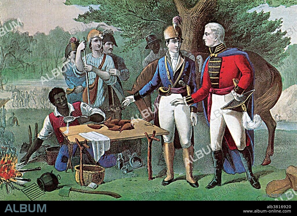 Lithograph entitled: " General Francis Marion of South Carolina. The 'Swamp Fox' of the Revolution in the south." Francis Marion (1732 - February 27, 1795) was a military officer who served in the American Revolutionary War. Acting with Continental Army and South Carolina militia commissions, he was a persistent adversary of the British in their occupation of South Carolina in 1780 and 1781, even after the Continental Army was driven out of the state in the Battle of Camden. Due to his irregular methods of warfare, he is considered one of the fathers of modern guerrilla warfare, and is credited in the lineage of the United States Army Rangers. Marion served several terms in the South Carolina State Senate. In 1784, in recognition of his services, he was made commander of Fort Johnson, South Carolina. He died on his estate in 1795, at the age of 63.