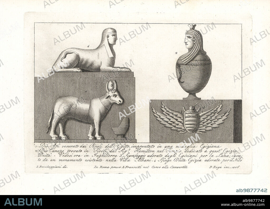 Egyptian god Apis depicted as a bull 1, Canopus found in Tivoli by Sir William Hamilton in a temple 2, cockroach deity from a monument in the Villa Albani 3, and Sphinx worshiped on the Nile River 4. Copperplate engraving by Pietro Ruga after an illustration by Lorenzo Rocceggiani from his own 100 Plates of Costumes Religious, Civil and Military of the Ancient Egyptians, Etruscans, Greeks and Romans, Franzetti, Rome, 1802.