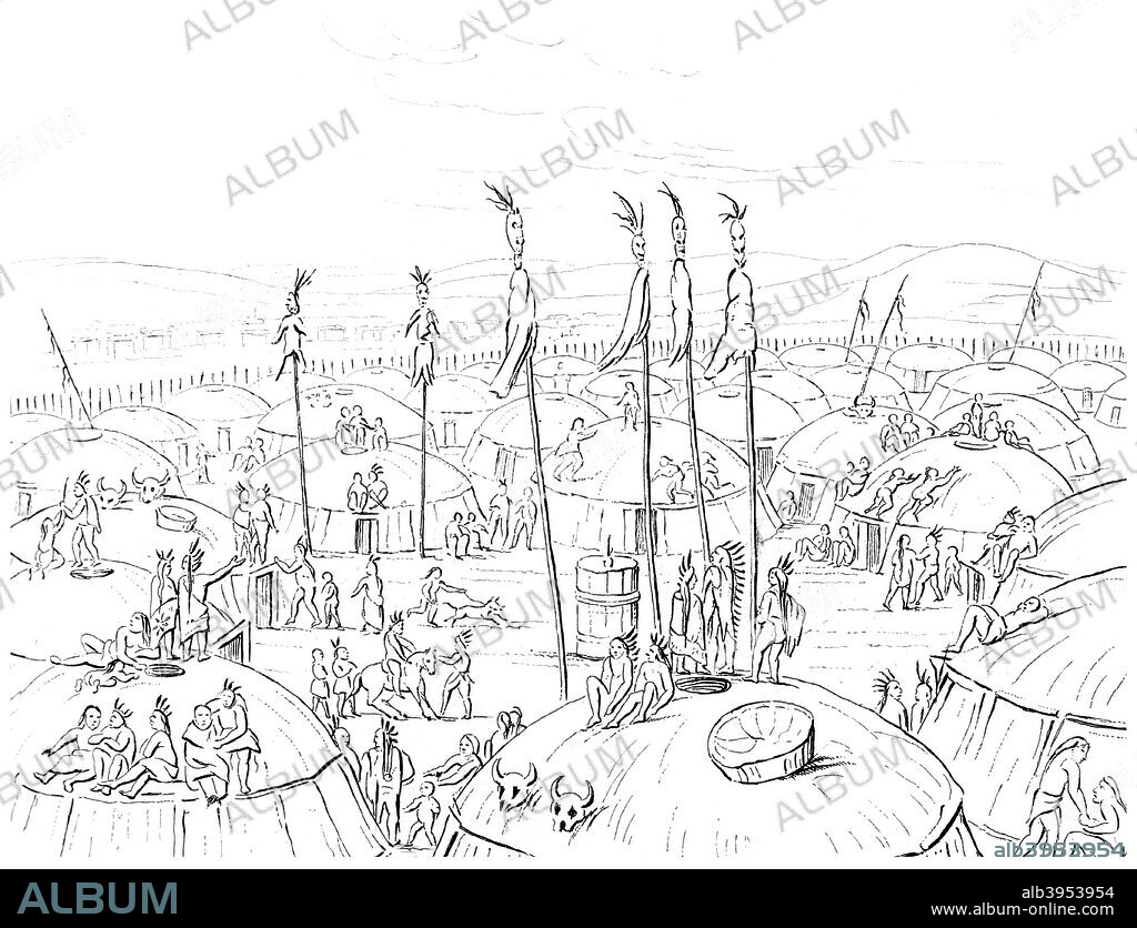 Mandan village, Upper Missouri, America, 1841. The Mandan are a Native American tribe that historically lived on the banks of the Missouri and its tributaries in what is now North and South Dakota. Unlike the migrant Plains Indians ther lived in permanent villages of circular earth lodges. The Mandan were almost wiped out by a smallpox epidemic in 1837-1838. A print from North American Indians, Wiley and Putnam, 1841.
