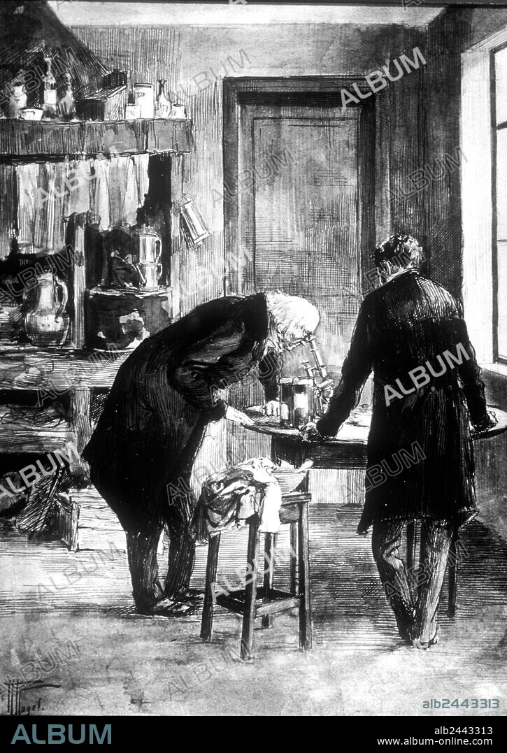 French physicist Jean Baptiste Biot (1774-1862) with French chemist and biologist Louis Pasteur (1822-1895) observing with a microscope the experience of crystallography c.1850 (discovery of molecular asymmetry), engraving.
