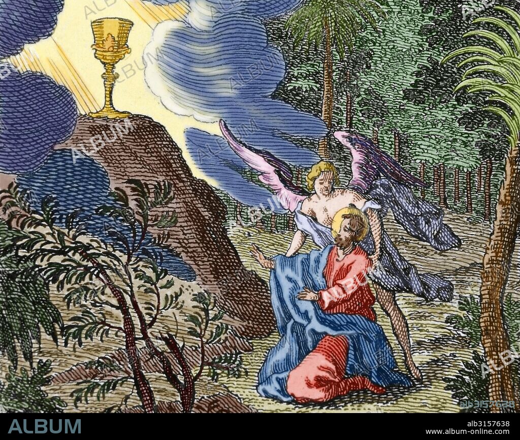 New Testament. Matthew. Chapter 26. Jesus praying in the Garden of Gethsemane. An angel appears to comfort him. Engraving. Colored.