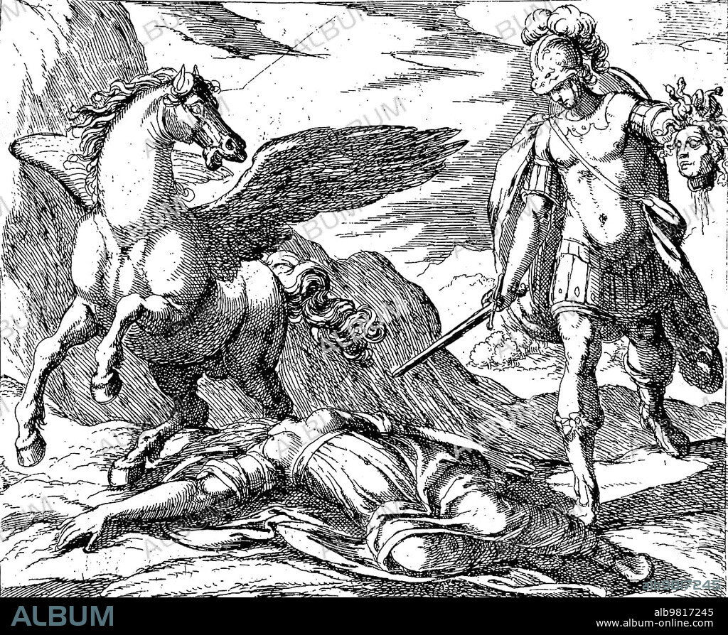 Perseus kills Medusa, from the bleeding wound of the headless Medusa spring Pegasus, a winged steed, and a giant named Chrysaor, both creatures of Poseidon, 1610, Historical, digitally restored reproduction from a 19th century original