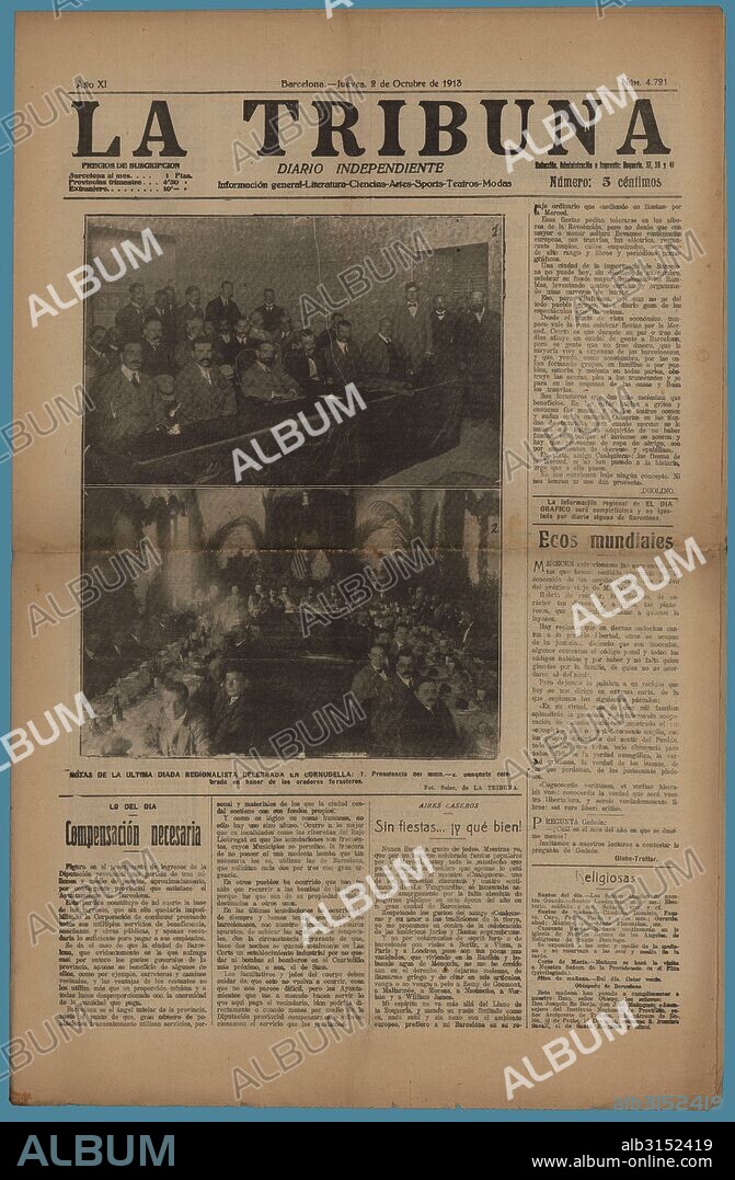 Portada el diario independiente La Tribuna, editado en Barcelona, octubre de 1913.