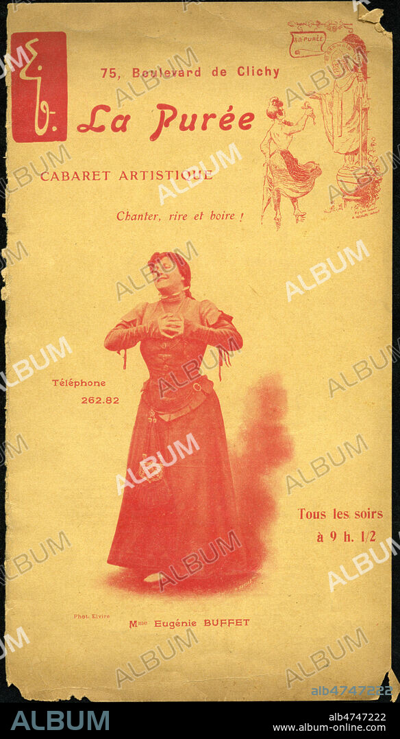 'Chanter, rire et boire !'. Portrait d'Eugenie BUFFET (1866-1934). Couverture d'une brochure publicitaire vers 1905 pour le cabaret La Puree, boulevard de Clichy a Paris. Photographie ELVIRE et illustration WILLETTE. Credit : Collection IM/KHARBINE-TAPABOR.