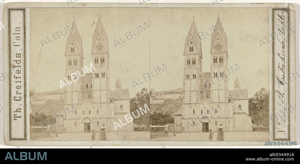 St. Castor's Basilica in Koblenz, Germany, St. Castor zu Coblenz (title on object), Theodor Creifelds (mentioned on object), Koblenz, 1859 - 1875, cardboard, paper, albumen print, height 84 mm × width 173 mm.