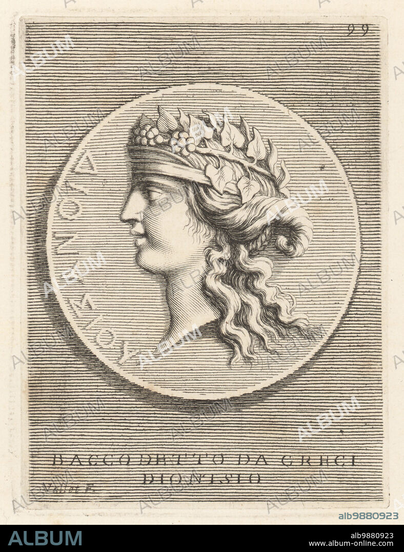 Head of Bacchus, called Dionysus by the Greeks. Roman god of wine and grapes, depicted as a youth with crown of ivy leaves and berries. From a bronze medal. Bacco detto da Greci Dionisio. Copperplate engraving by Guillaume Vallet after Giovanni Angelo Canini from Iconografia, cioe disegni d'imagini de famosissimi monarchi, regi, filososi, poeti ed oratori dell' Antichita, Drawings of images of famous monarchs, kings, philosophers, poets and orators of Antiquity, Ignatio deLazari, Rome, 1699.