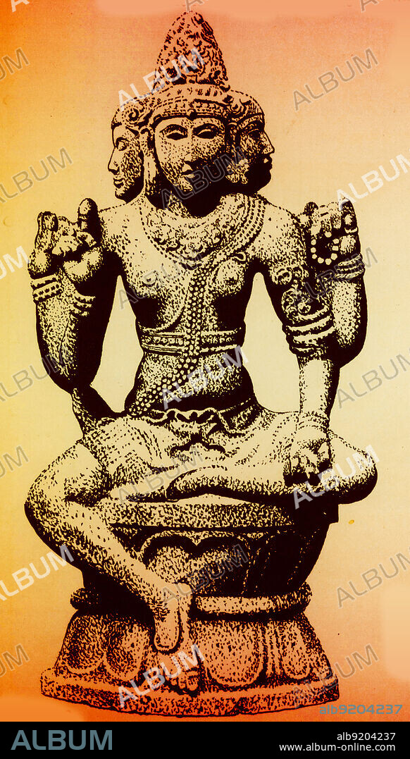 Brahma is the Hindu god (deva) of creation and one of the Trimurti, the others being Vishnu and Shiva. According to the Brahma Purana, he is the father of Manu, and from Manu all human beings are descended. In the Ramayana and the Mahabharata, he is often referred to as the progenitor or great grandsire of all human beings. Brahma is traditionally depicted with four heads, four faces, and four arms. With each head, He continually recites one of the four Vedas. Unlike most other Hindu gods, Brahma holds no weapons. One of his hands holds a scepter. Another of his hands holds a bow. Brahma also holds a string of prayer beads which He uses to keep track of the Universe's time. He is also shown holding the Vedas.