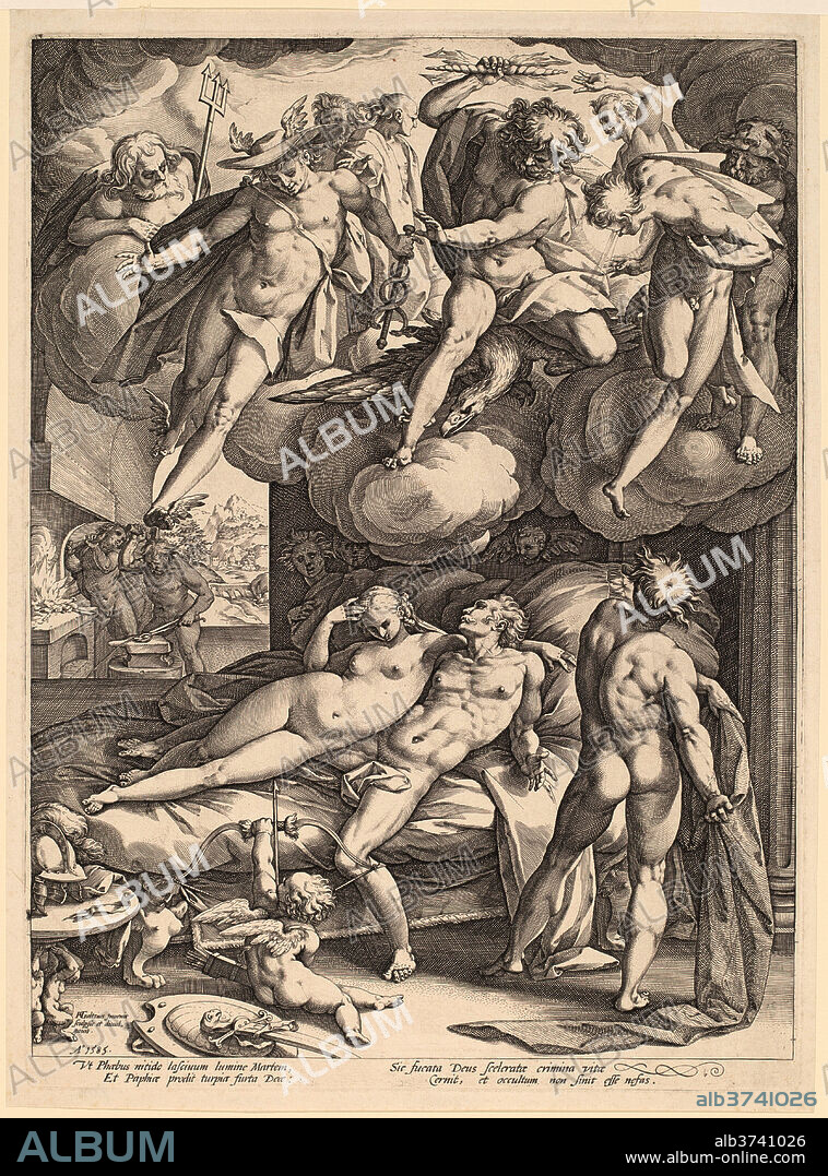 HENDRIK GOLTZIUS. Mars and Venus Surprised by Vulcan. Dated: 1585. Dimensions: plate: 42 x 31 cm (16 9/16 x 12 3/16 in.)  sheet: 44.1 x 32.4 cm (17 3/8 x 12 3/4 in.). Medium: engraving on laid paper.