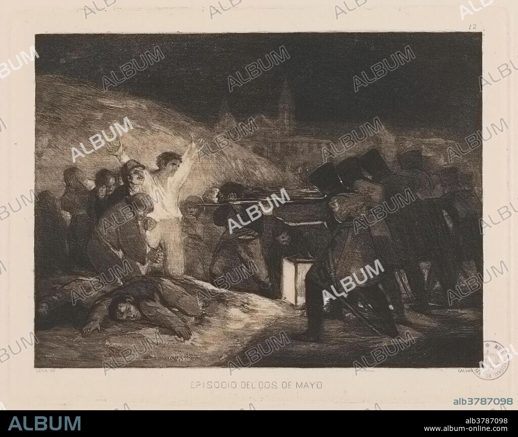 JOSÉ MARÍA GALVÁN Y CANDELA. José María Galván y Candela (Grabador) (Autor de la obra original Goya y Lucientes, Francisco de) / 'El 3 de mayo en Madrid o ''Los fusilamientos'''. 1875. Aguafuerte, Aguatinta sobre papel continuo, 321 x 540 mm.