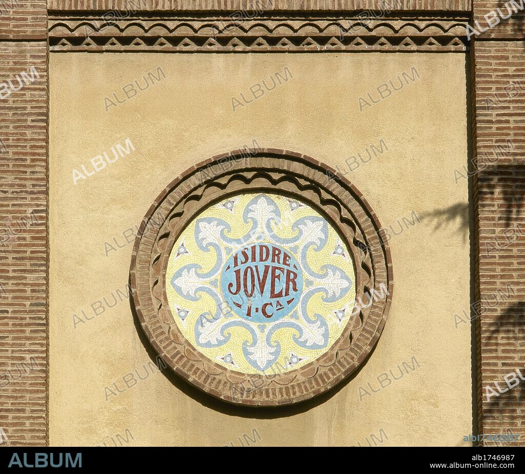 Spain. Catalonia. Canet de Mar. Isidre Jover i Cia Factory. Built by Pere Domenech i Roure (1910). Detail facade. Catalan modernism.