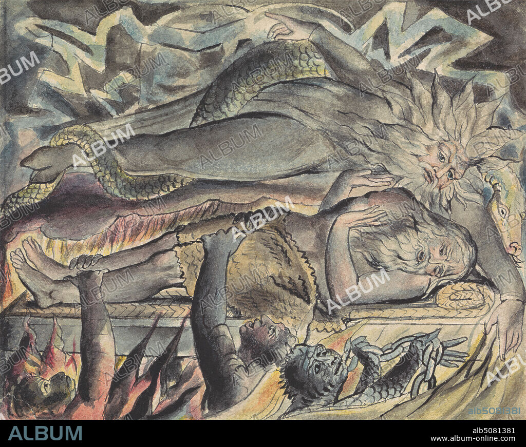 Job's Evil Dreams, circle of John Linnell, 17921882, British, after William Blake, 17571827, British, undated, Watercolor and black ink on moderately thick, slightly textured, cream wove paper, Sheet: 3 5/8 x 4 5/8 inches (9.2 x 11.7 cm), dreams, fear, goats, monsters, nightmares, Old Testament, religious and mythological subject, serpents.