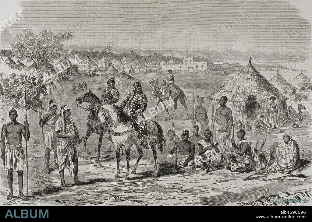 Guerra mahdista (1881-1899). Enfrentó a los seguidores del líder religioso sudanés Muhammad Ahmad bin Abd Allah, autoproclamado el Mahdi, contra tropas del Jedivato de Egipto, a las que más tarde se unieron las británicas. La insurrección del Sudán. Campamento del Mahdi en El Obeid. Grabado. La ilustración. Revista hispano-americana, 1884.