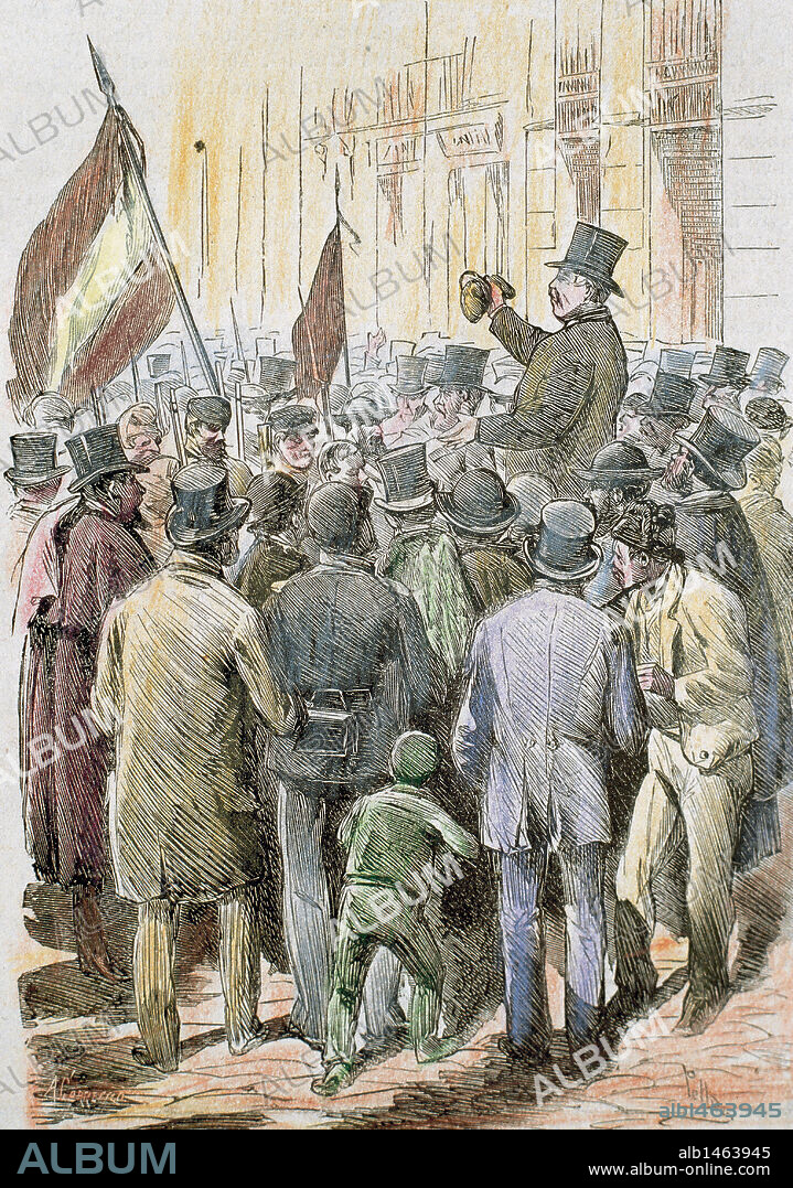 PRIMERA REPUBLICA ESPAÑOLA (11 de febrero de 1873 al 3 de enero de 1874). "EL PRESIDENTE DEL PODER EJECUTIVO RECOMIENDA LA CALMA Y ORDEN A UNA COMISION DE CATALANES QUE EN LA CARRERA DE SAN JERONIMO PEDIAN LA LIBERTAD DE LOS PRESOS REPUBLICANOS". (MADRID, 11 DE FEBRERO DE 1873). Grabado coloreado del s. XIX. España.