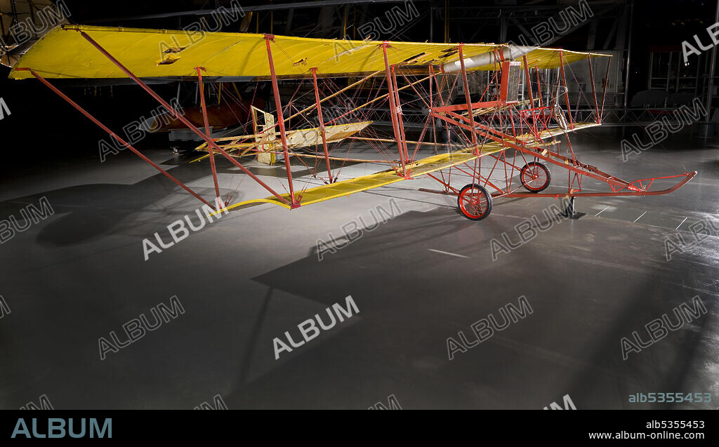 Pusher biplane with one 50-horsepower Maximotor B-4 four-cylinder engine. Very similar in layout to the Curtiss Model D "Headless Pusher" of the same time period. Fabric covering yellow, airframe red. After making a reputation with lighter-than-air craft, Thomas Scott Baldwin turned to heavier-than-air flying machines in 1909. By 1911 he had built several airplanes and had gained extensive experience as an exhibition pilot. He began testing a new airplane in the spring of 1911. It was similar to the basic Curtiss pusher design that was becoming quite popular with builders by this time, but it was innovative in that it had steel-tube structural components. It was powered by a 60-horsepower Hall-Scott V-8. Baldwin called his new machine the Red Devil III, and thereafter each of his airplanes would be known as a Baldwin Red Devil. Baldwin built approximately six Red Devils. Most were powered by the Hall-Scott, but Curtiss engines were also occasionally used. By mid-1911, Baldwin was training pilots, taking up passengers, and performing regularly with Red Devil aircraft at air meets. He advertised Red Devils for sale into 1913.
