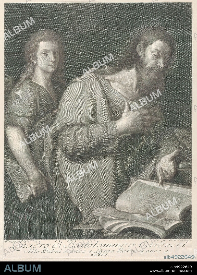 Carlo Faucci, Saint Matthew, standing before a book at right with a hand on his chest, another man behind him at left, Carlo Faucci (Italian, 1729ca. 1784), Intermediary draftsman Giuseppe Magni (Italian, active Florence, 174143), After Bartolomé Carducho (Spanish, Florence ca. 15601608 Madrid), 175084, Engraving, Sheet (Trimmed): 14 13/16 × 10 7/8 in. (37.6 × 27.7 cm), Prints.