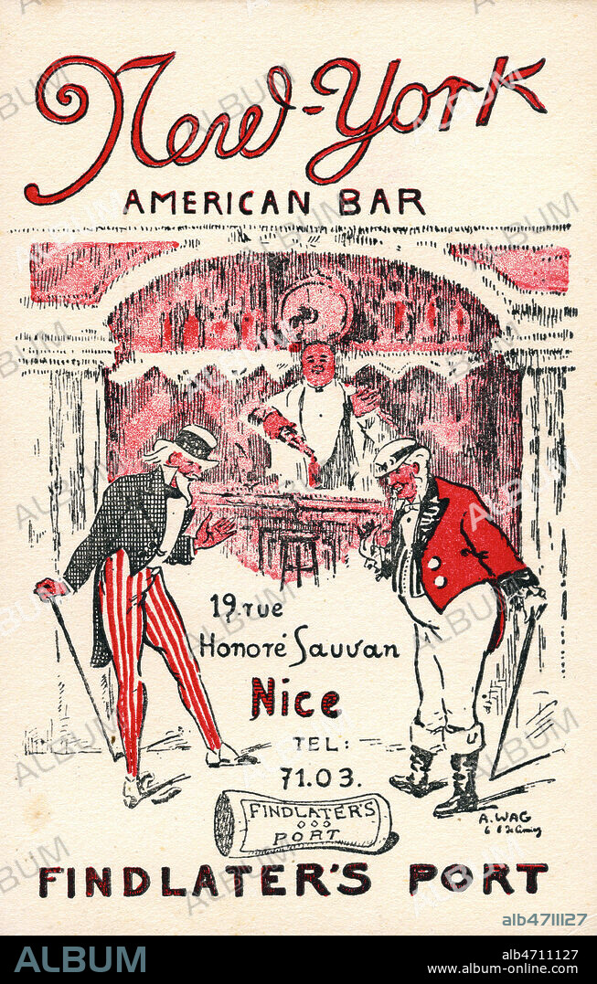 'New-York American bar, 19 rue Honore Sauvan a Nice'. Carte postale publicitaire vers 1920. Illustration par A. Wag. Credit : IM/KHARBINE-TAPABOR.