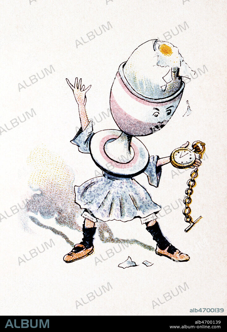 Objet anime, anthropomorphe : Coquetier rempli d'un oeuf a la coque regardant sa montre a gousset . Carte postale en chromolithographie, vers 1900. Credit Collection Kharbine Tapabor.