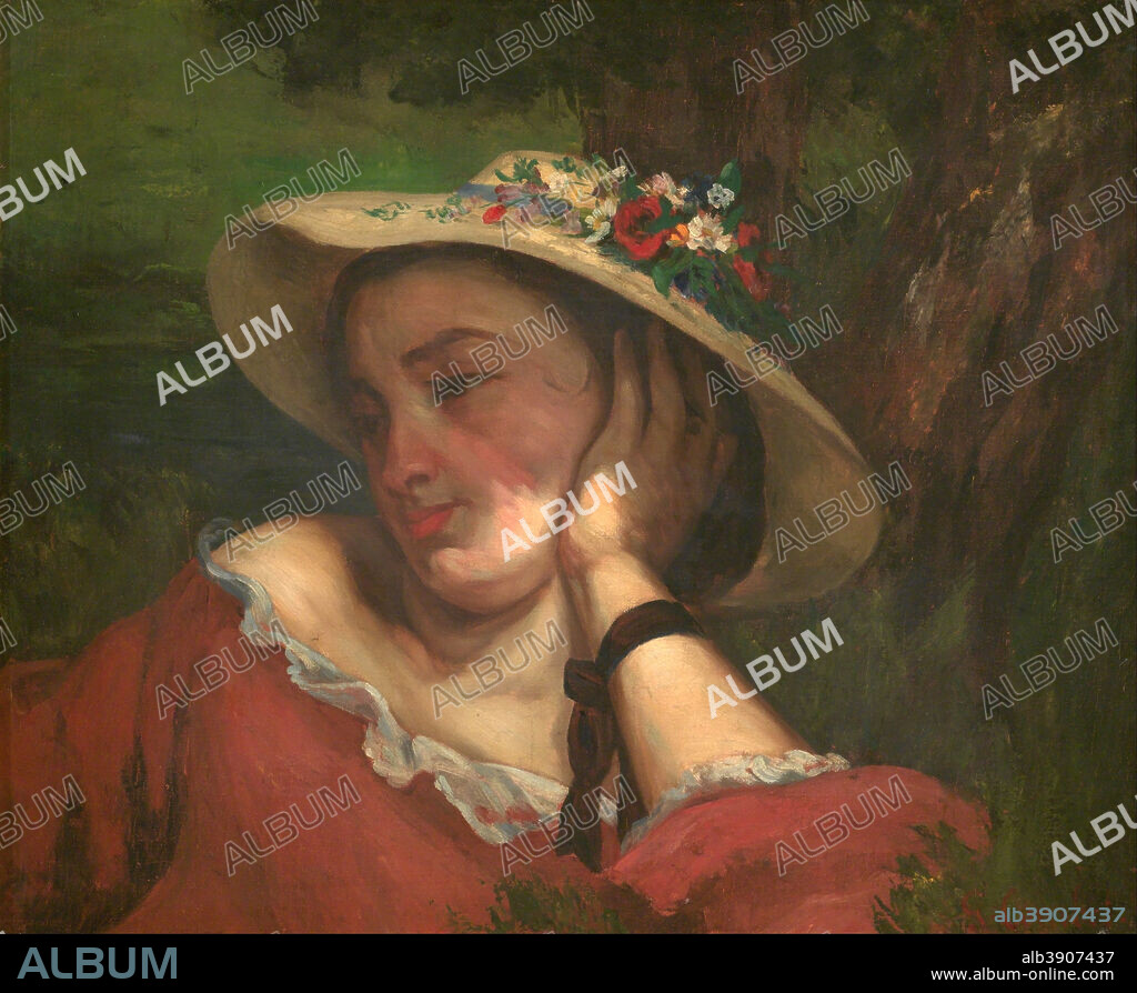 GUSTAVE COURBET. Young Ladies on the bank of the Seine - fragment of a painting (Woman with Flowers on Her Hat). Date/Period: 1857. Painting. Oil on canvas. Height: 46 cm (18.1 in); Width: 55.5 cm (21.8 in).