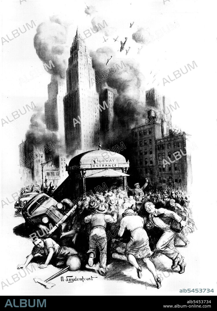 This drawing by artist Alexander Leydenfrost, is serviced to accompany special news service story by Don Whitehead and Frank I. Eller, for release to PMS of Monday, June 9, on plans for civilian defense. This is artist Leydenfrost's conception of sample scene of confusion at a subway entrance such as mayor Fiorello H. Laguardia, Director of the office of Civilian defense, proposes to avoid. August 01, 1941.