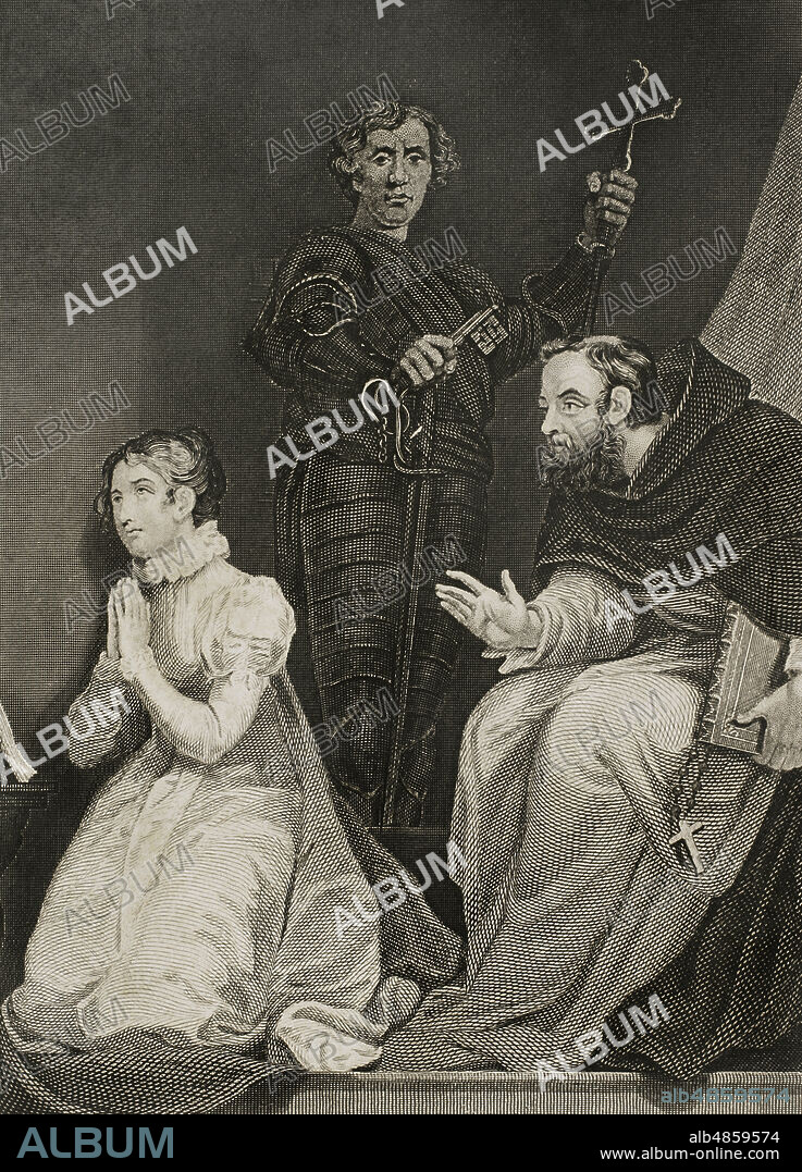 Juana Grey (Jane Grey) (1537-1554). Noble inglesa que fue proclamada reina de Inglaterra e Irlanda el 10 de julio de 1553, reinando solamente nueve días, hasta que fue depuesta por el Consejo Privado de Inglaterra, que proclamó a su prima, María I (María Tudor), como la nueva reina el 19 de julio de 1553. Grey fue acusada de alta traición, al igual que su esposo, dos de sus hermanos y el exarzobispo de Canterbury, Thomas Cranmer, por haber asumido mediante traición el título de reina y los poderes inherentes al mismo. Murió decapitada el 12 de febrero de 1554. Entrevista de John de Feckenham con Lady Jane Grey en la Torre de Londres. Grabado. Historia de las persecuciones políticas y religiosas en Europa. Tomo IV. Editado en Barcelona, 1865.