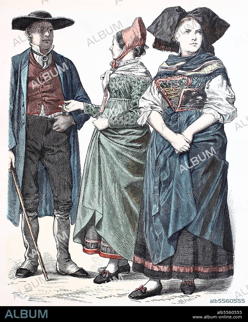 Folk traditional costume, clothing, history of costumes, man from Oberseebach, woman from Aschbach-Sulz and the surroundings of Strasbourg, traditional costumes from Alsace, France, 1885, digitally restored reproduction of a 19th century original, exact date unknown, Europe.