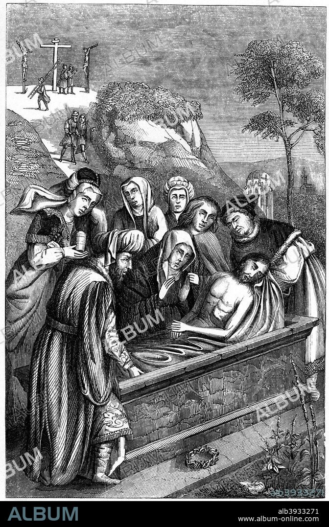 'The Entombment', c15th century (1849). A 19th century version based on a c15th century original found in the collection of M Quedeville, Paris. From Le Moyen Age et la Renaissance, by Paul Lacroix, Ferdinand Séré and A Rivaud, volume V (Paris, 1849).