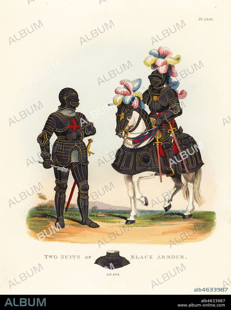 Two suits of black armour made for a German knight of the Order of St. George of Ravenna, 1534. Suit of black armour edged in gilt, helmet with gorget of chainmail, horse in barding, with chanfron, bridle, manefaire and poitral. Handcoloured lithograph by Maddocks after an illustration by S.R. Meyrick from Sir Samuel Rush Meyrick's A Critical Inquiry into Antient Armour, John Dowding, London, 1842.